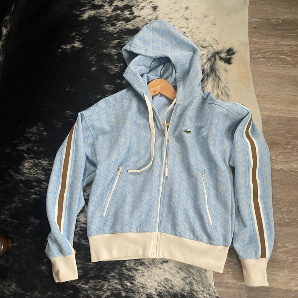 Lacoste Monogram Paris Zip Up Hoodie Track Jacket Light Blue Size 40